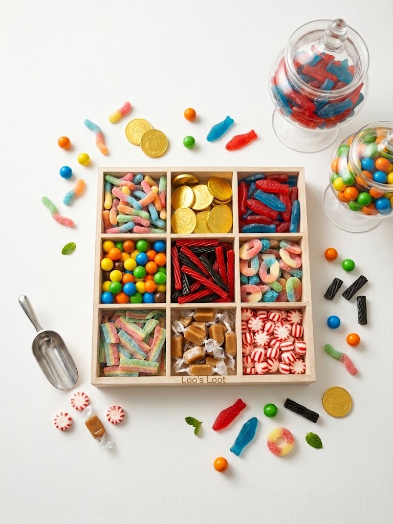 Wooden 9-section candy tray filled with an assortment of candy