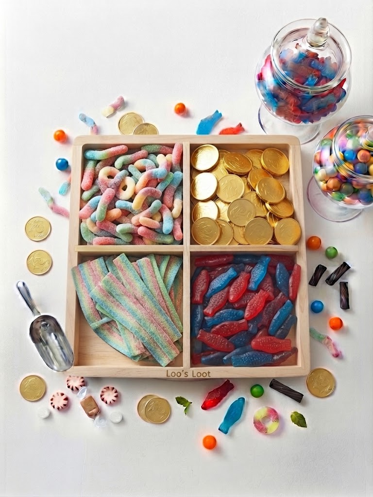 Wooden 4-section candy tray filled with an assortment of candy