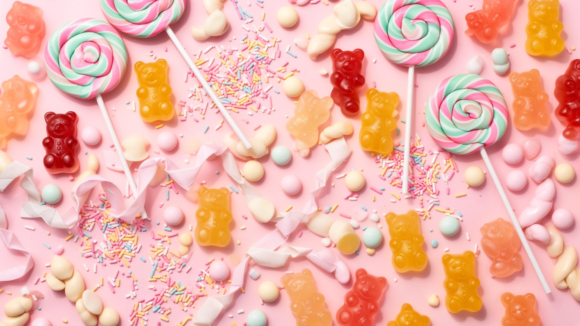 Colorful assortment of candy on a pink background