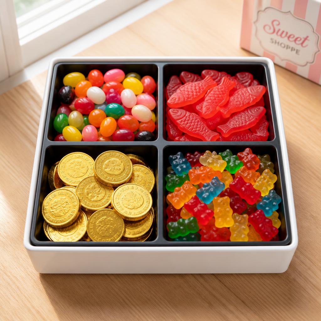 White 4-compartment candy tray with black inserts